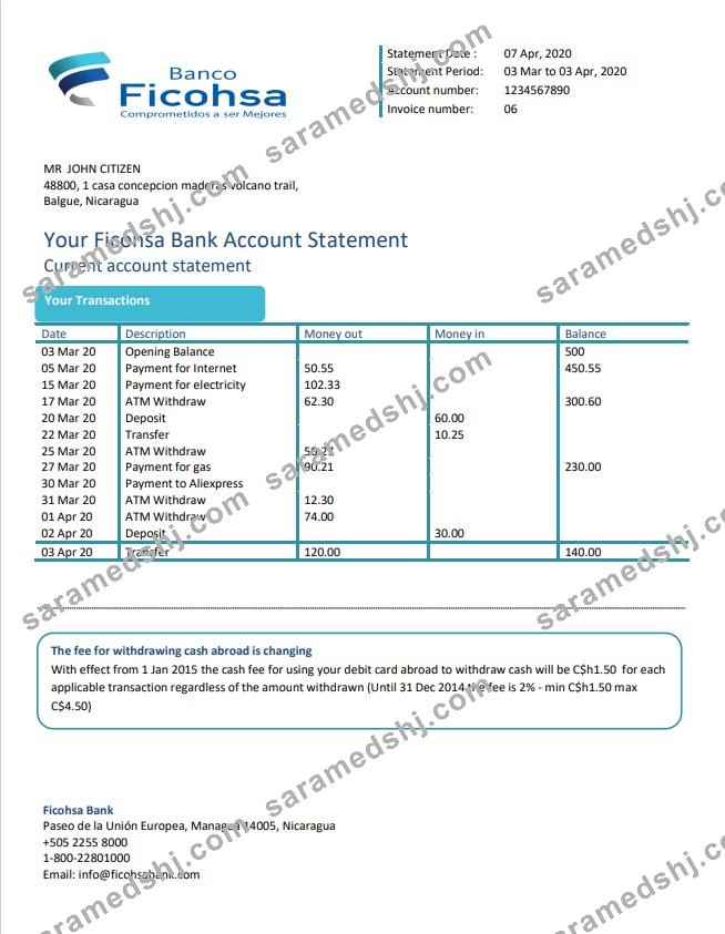 Nicaragua Banco Ficohsa bank statement